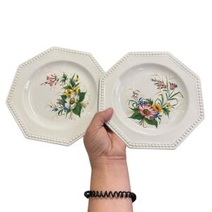 2 Italy‎ Octagon Floral Plates Beaded Edge Vintage Decorative Salad Dessert